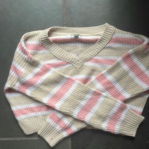Wild Fable Women's Size XS Tan & Pink Striped V-neck Cropped Sweater